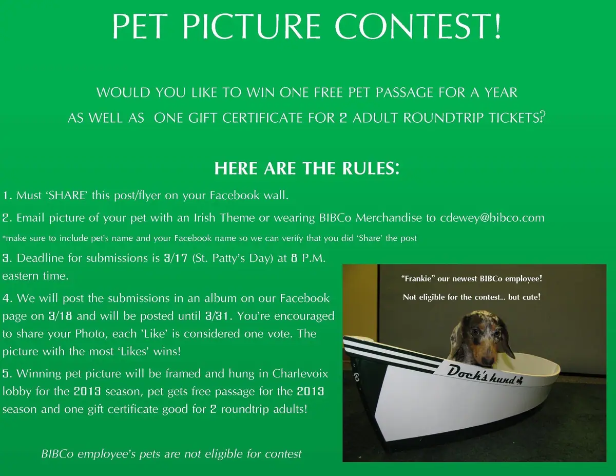 Promotional flyer with contest rules and a dachshund sitting in a small boat costume.