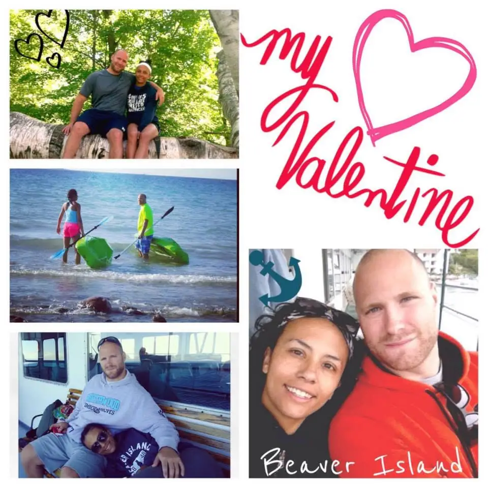 Collage of two adults in wooded and waterside scenes, aboard a passenger vessel, with Valentine lettering and hearts.