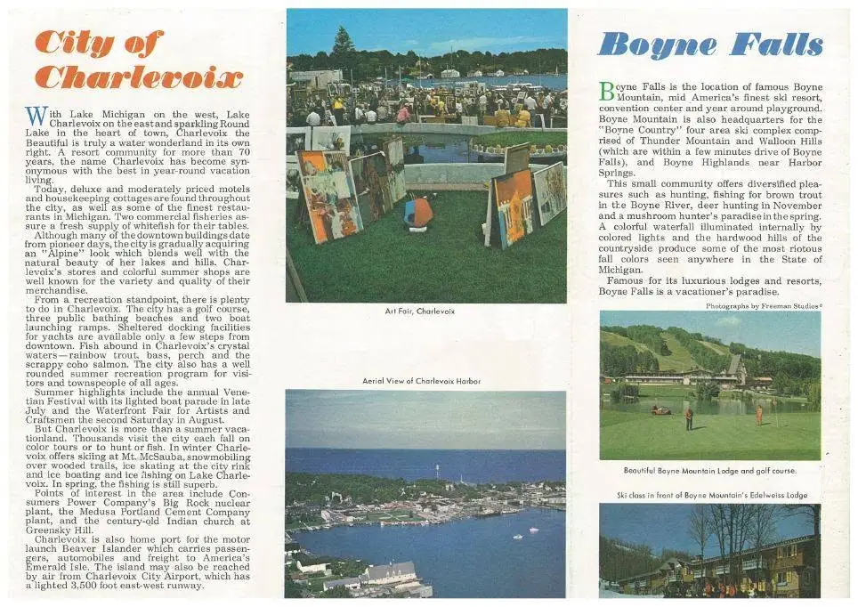 Scanned tourism brochure page with printed text and photographs of an art fair, harbor, golf course, and skiing.