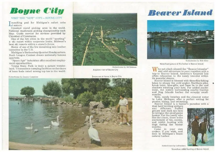 An open tourism brochure spread with printed text and color photographs of shorelines, a harbor, swans, and a horse.