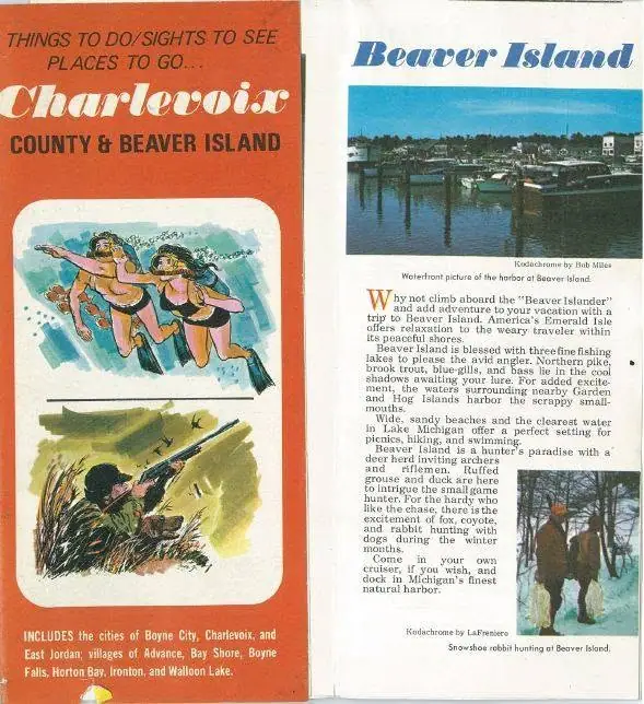Photographed brochure spread with illustrated swimmers, a hunter, and waterfront photographs.