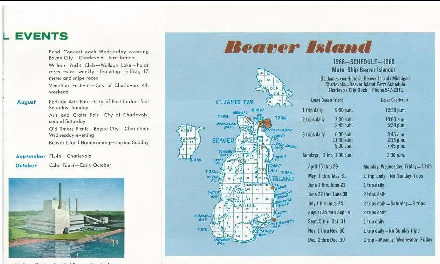 Printed brochure spread with a regional events listing, a map, a ship schedule, and an industrial waterfront illustration.