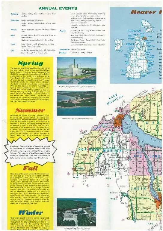 Scanned color brochure page with annual events, seasonal descriptions, photographs, and regional maps.