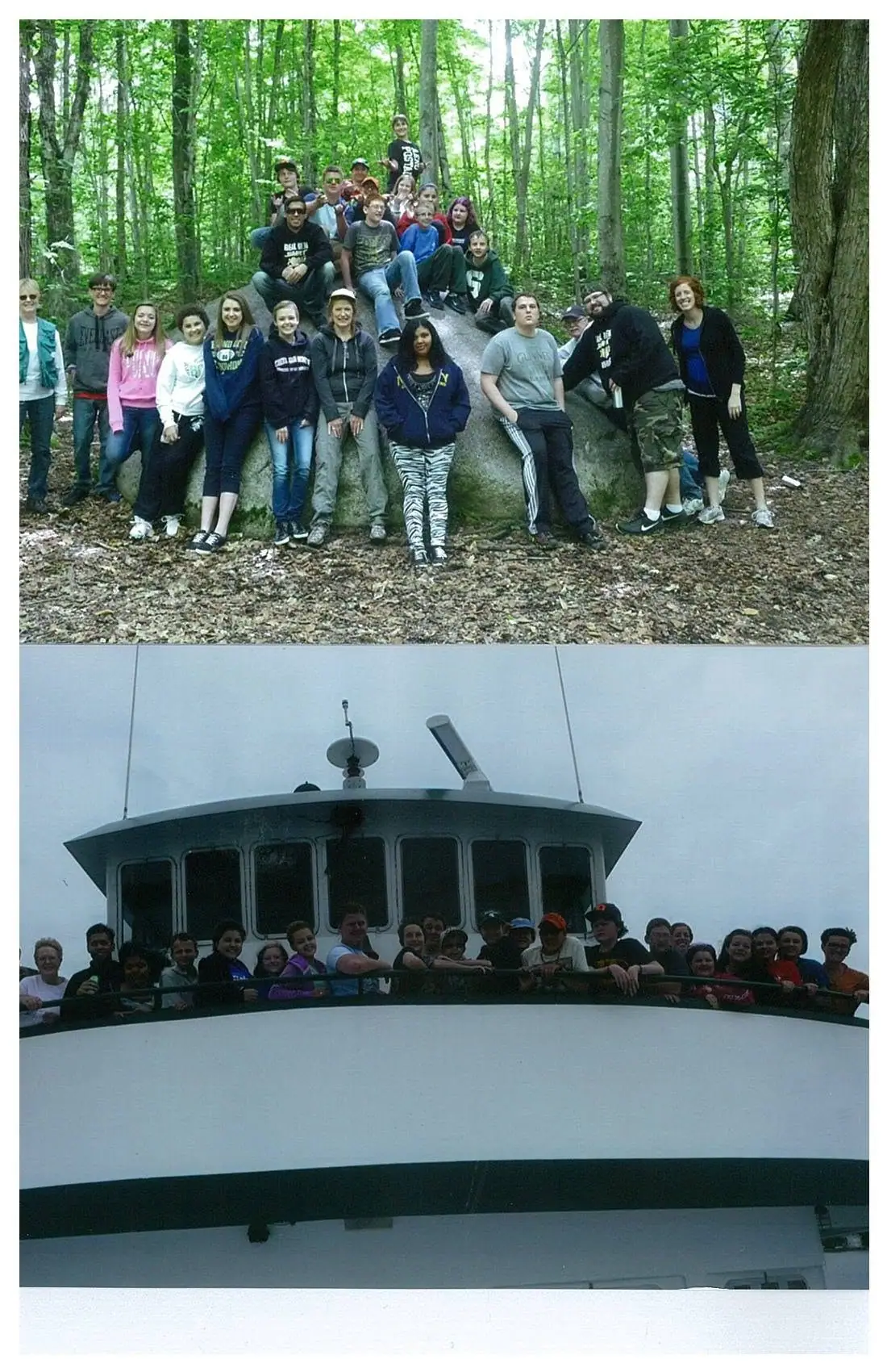 Two photographs show a group in a forest and people gathered on the upper deck of a large white vessel.