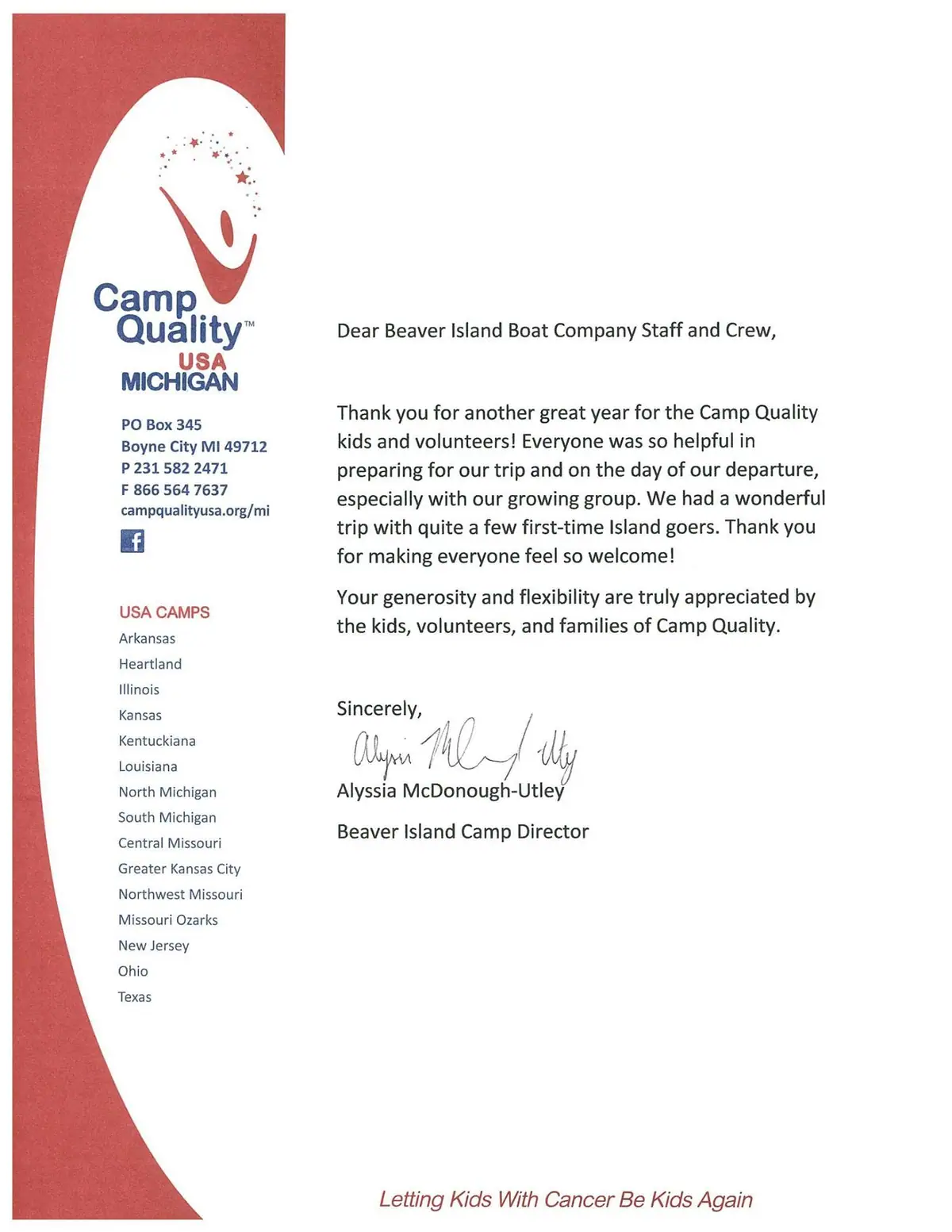 A one-page thank-you letter with a Camp Quality logo, printed message, handwritten signature, and red graphic border.