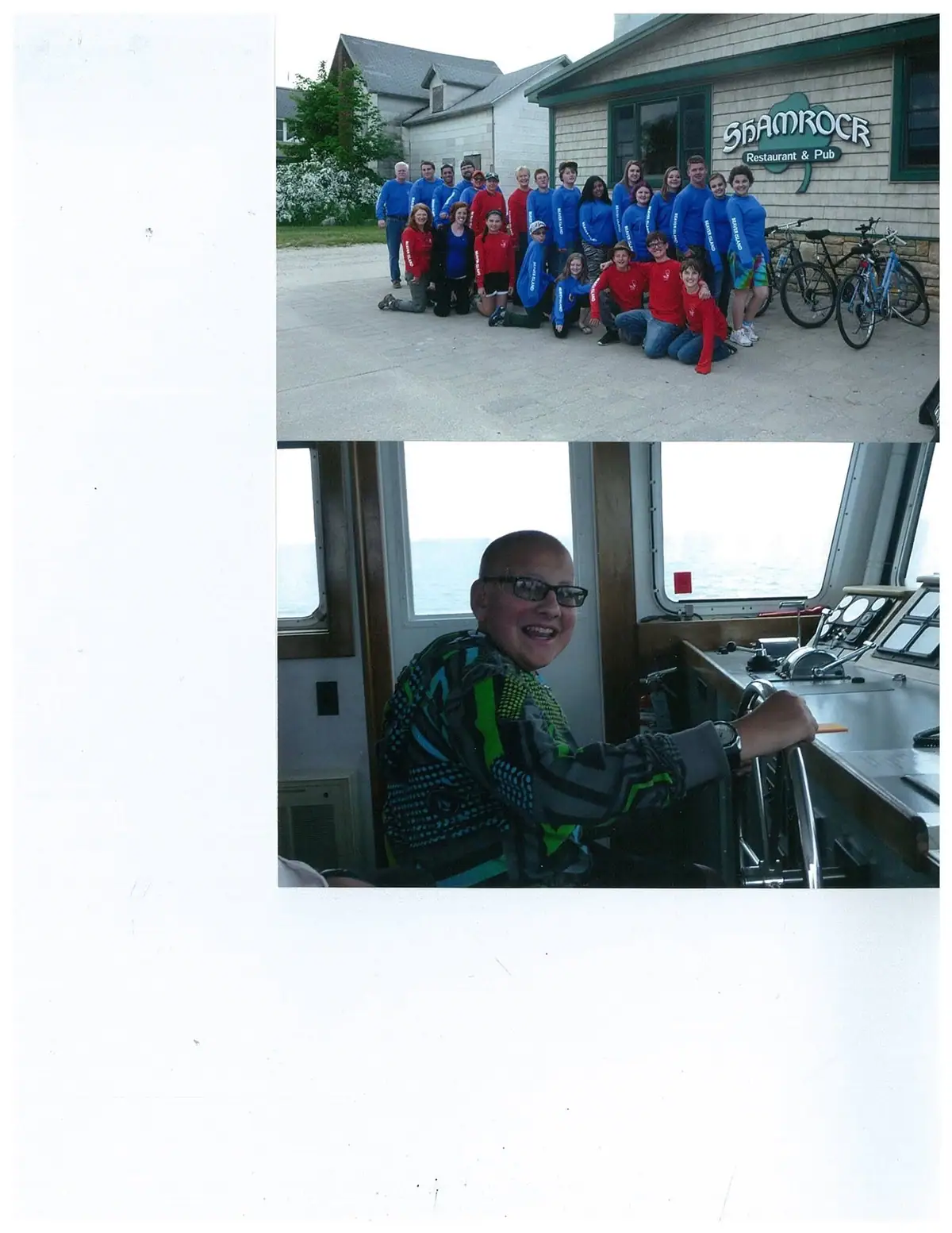 Two photographs show a group outside a restaurant and a person seated at a boat control console.