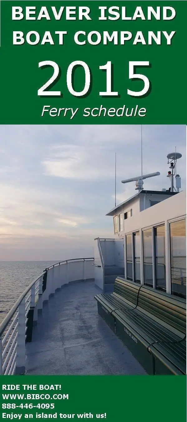 Promotional ferry schedule graphic with a passenger vessel deck at sunset and large white lettering.