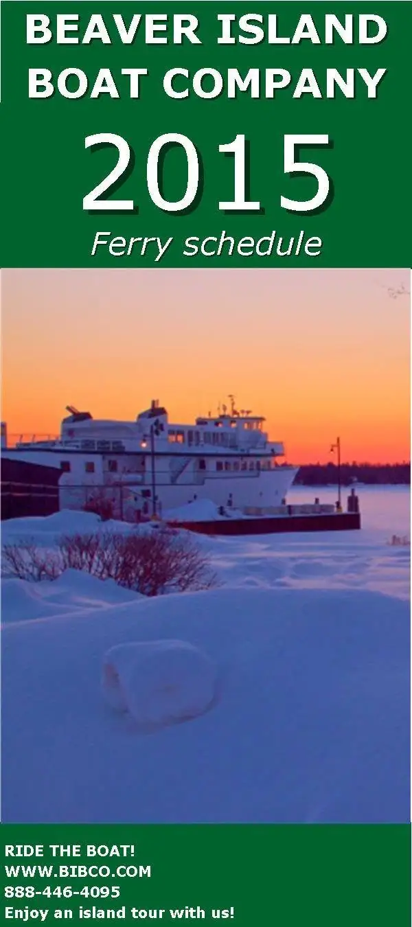 Promotional poster showing a ferry beside a snowy shoreline at sunset, with schedule and contact information.