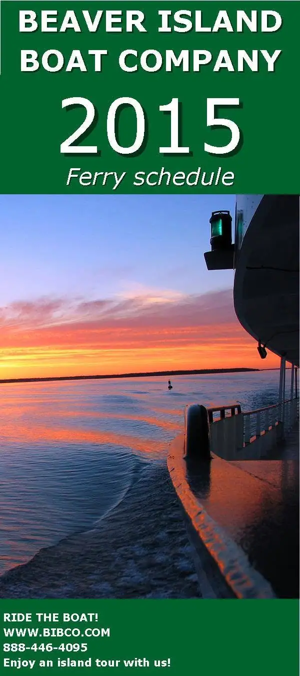 Promotional ferry schedule graphic showing a sunset, ferry deck, wake, and bold white lettering.