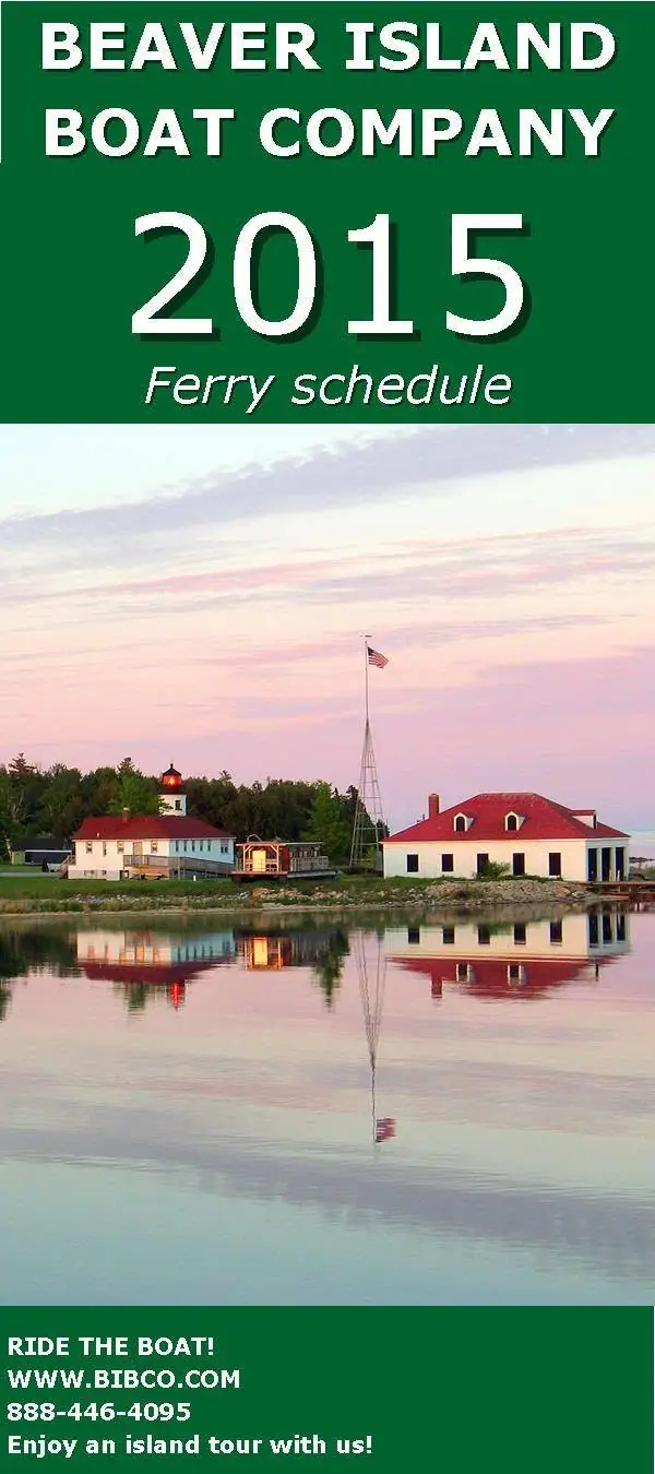 Promotional ferry-schedule poster showing a lighthouse, waterfront buildings, and their reflections at dusk.