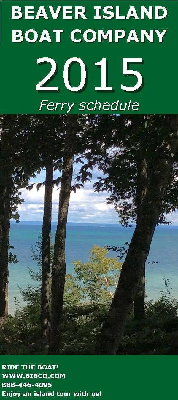 Promotional ferry schedule graphic with a wooded shoreline, blue water, and a small distant boat.