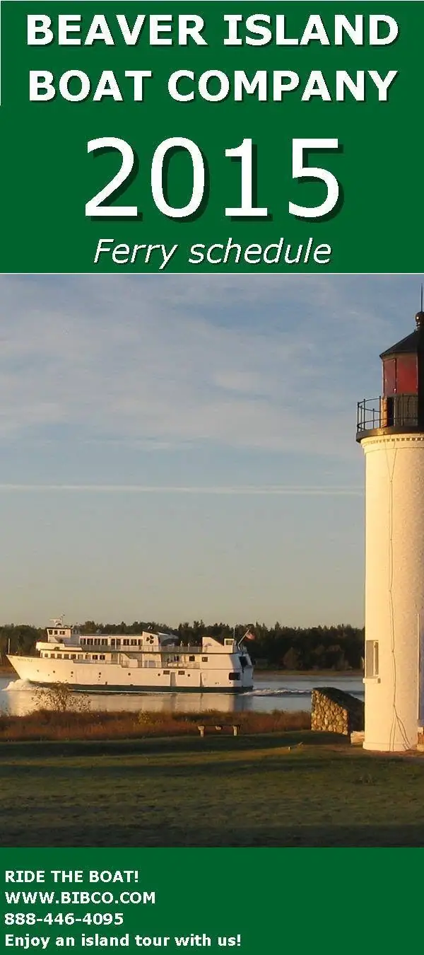 Promotional poster showing a ferry passing a lighthouse, with a schedule heading and contact information.
