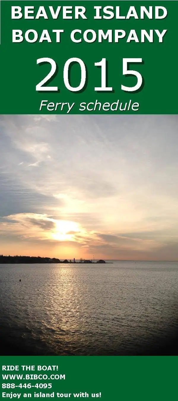 Promotional ferry-schedule poster showing a sunset over calm water beneath large white lettering.