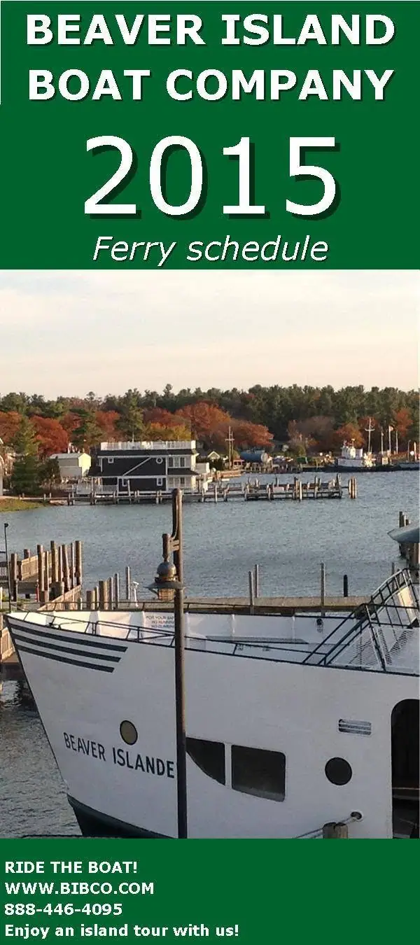 Promotional graphic featuring a white passenger ferry at a pier with a wooded shoreline behind it.