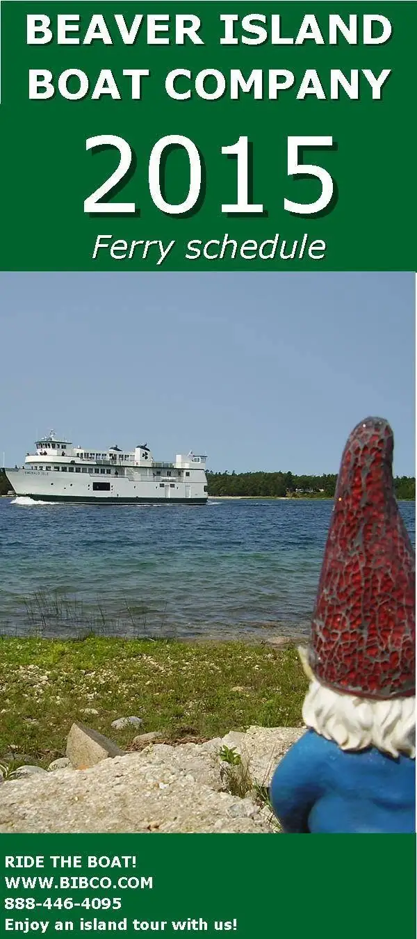 Promotional photograph showing a white ferry passing a wooded shoreline while a garden gnome looks on.
