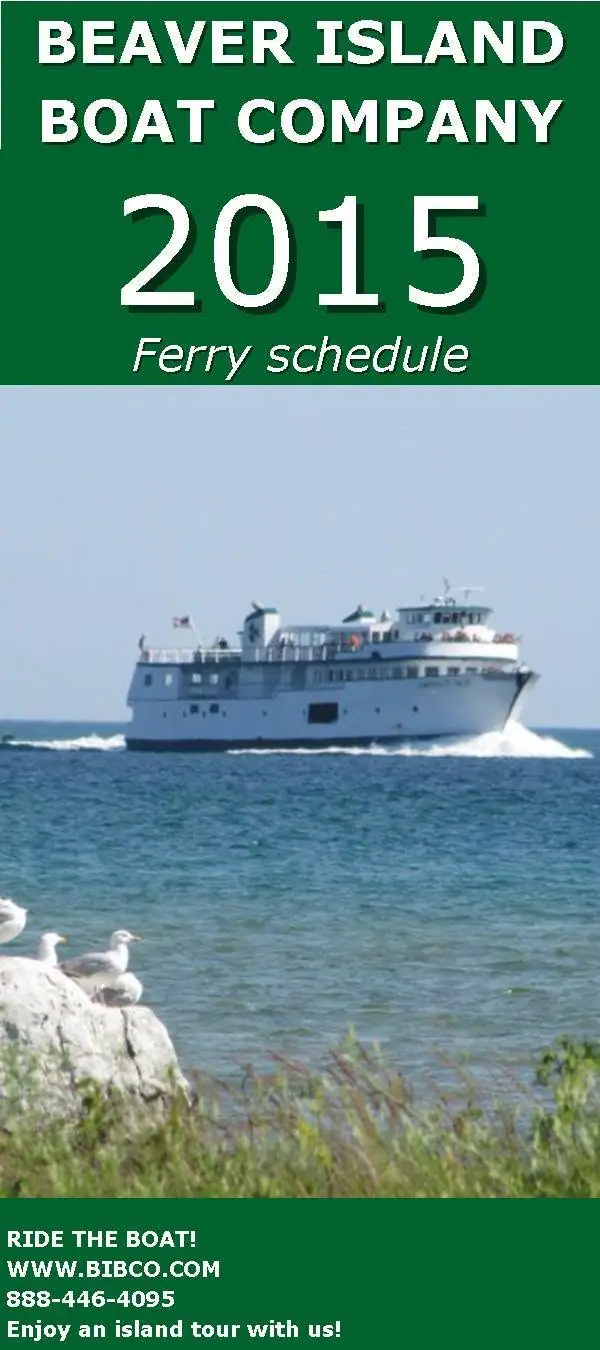 Promotional poster showing a white ferry underway beyond gulls on a rocky shoreline.