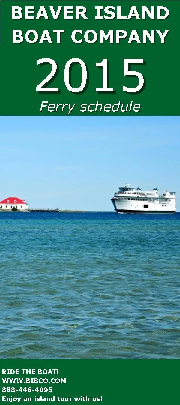 Promotional ferry-schedule graphic showing a white passenger ferry approaching a pier beside a red-roofed building.