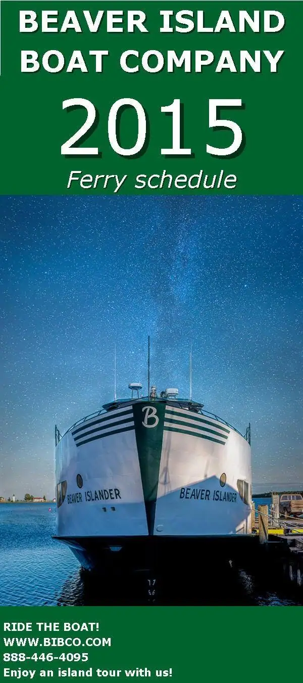 Promotional ferry-schedule graphic showing a large ferry at a pier beneath a starry sky.