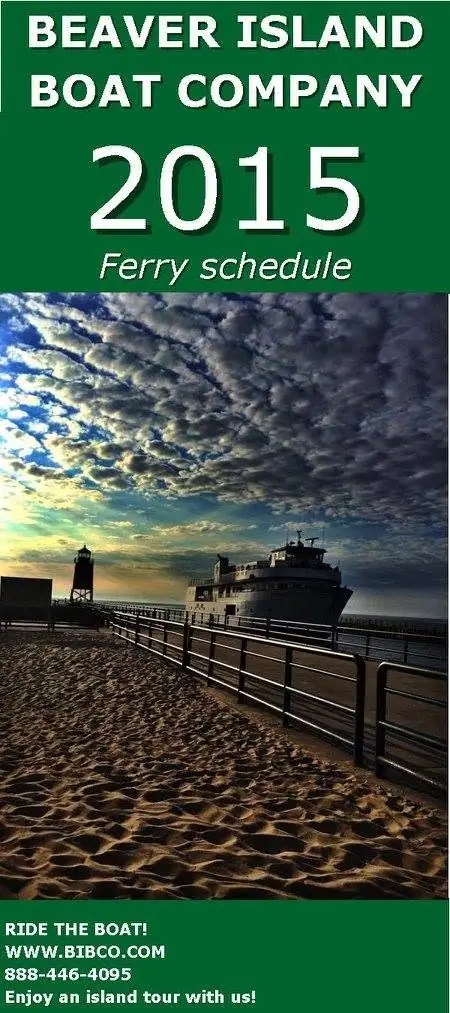 Vertical ferry-schedule poster showing a passenger ferry beside a pier beneath a dramatic sky.