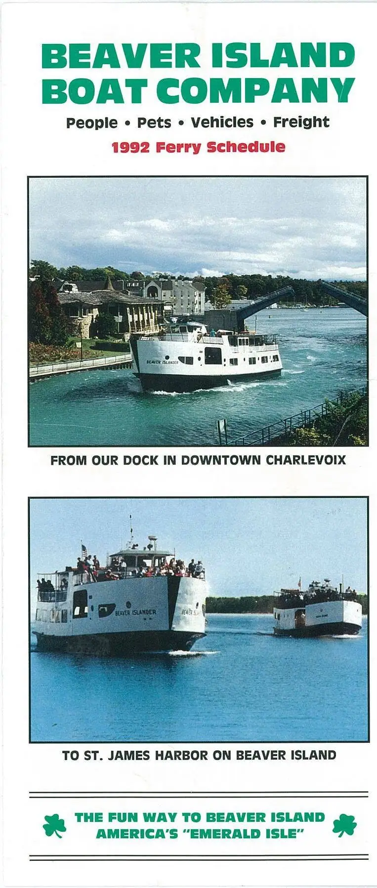 Brochure cover with two ferry photographs, a schedule heading, and promotional text.