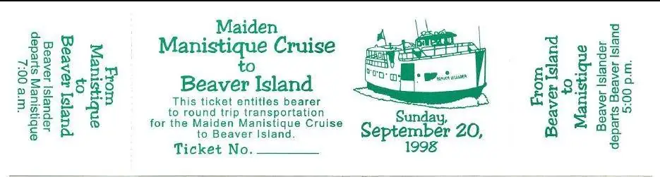 A long printed ferry ticket with green lettering, a small ferry illustration, and a blank ticket number line.