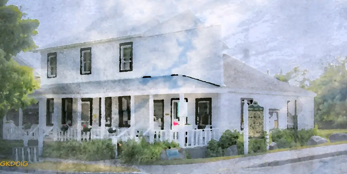 Watercolor-style illustration of a white two-story house with a broad porch, shrubs, and trees.