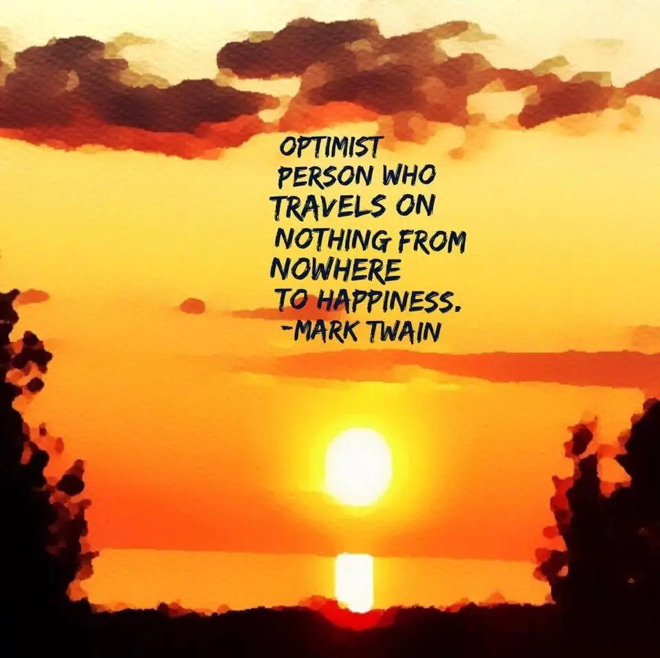 Watercolor-style sunset over water with silhouetted shorelines and a centered Mark Twain quote.