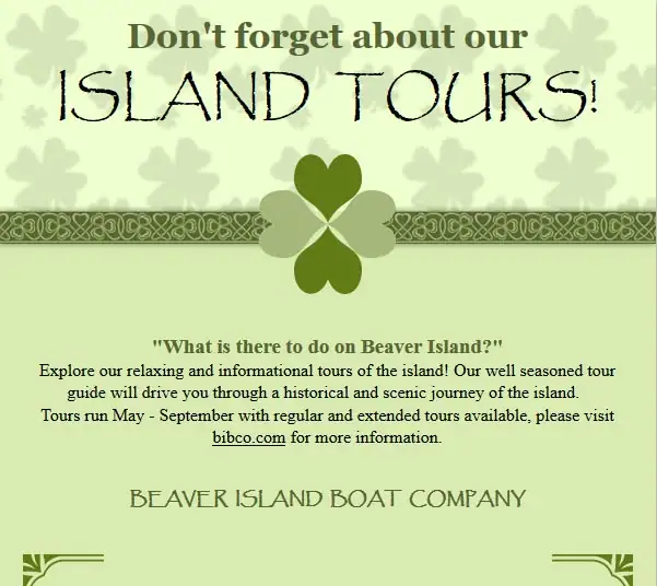 A pale green promotional graphic with tour text, a four-leaf clover, and a decorative Celtic-knot border.