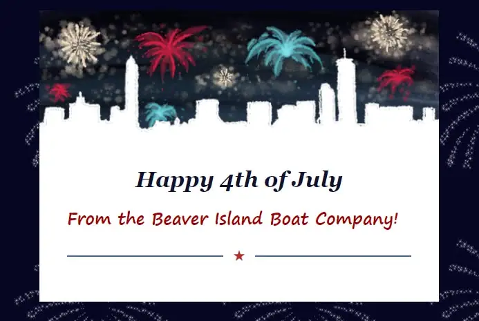 Decorative Independence Day greeting with fireworks, palm trees, skyline silhouette, and centered printed text.
