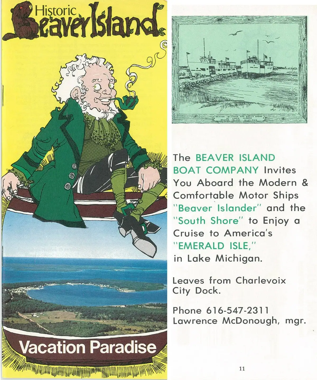 A vintage illustrated travel brochure page showing a seated pipe-smoking figure, ships, and an aerial coastal photograph.
