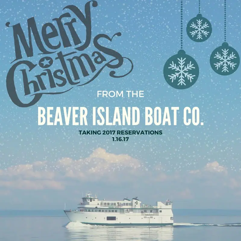 Holiday promotional graphic with a ferry, snowflakes, ornaments, and a seasonal greeting.