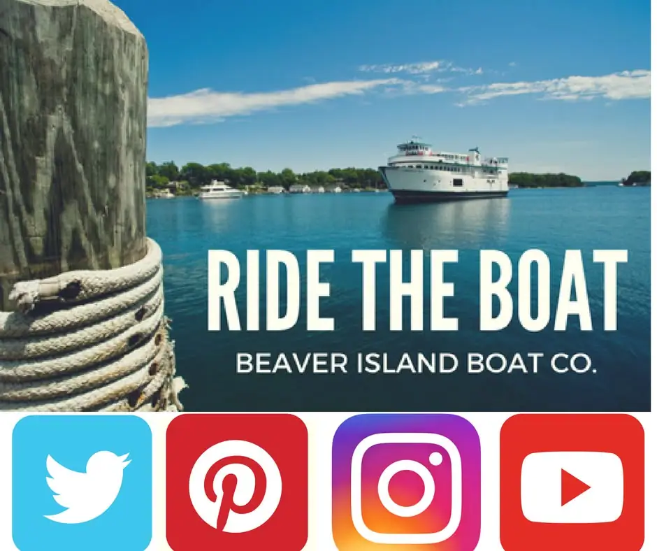 Promotional graphic showing a white ferry beyond a rope-wrapped dock piling, with large lettering and social-media icons.