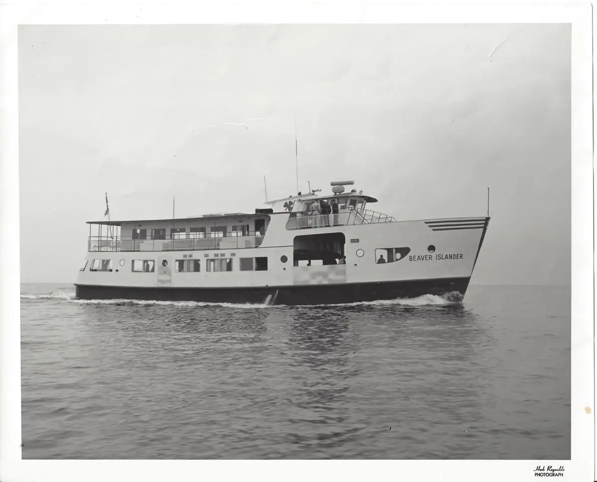 Black-and-white photograph of the ferry BEAVER ISLANDER underway with passengers visible on deck.