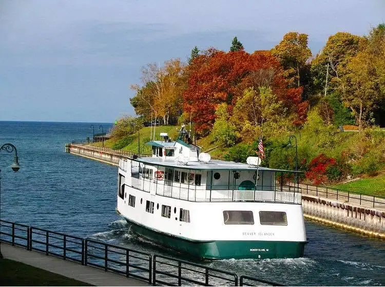 A white-and-green passenger ferry travels beside a waterfront lined with vivid autumn trees.