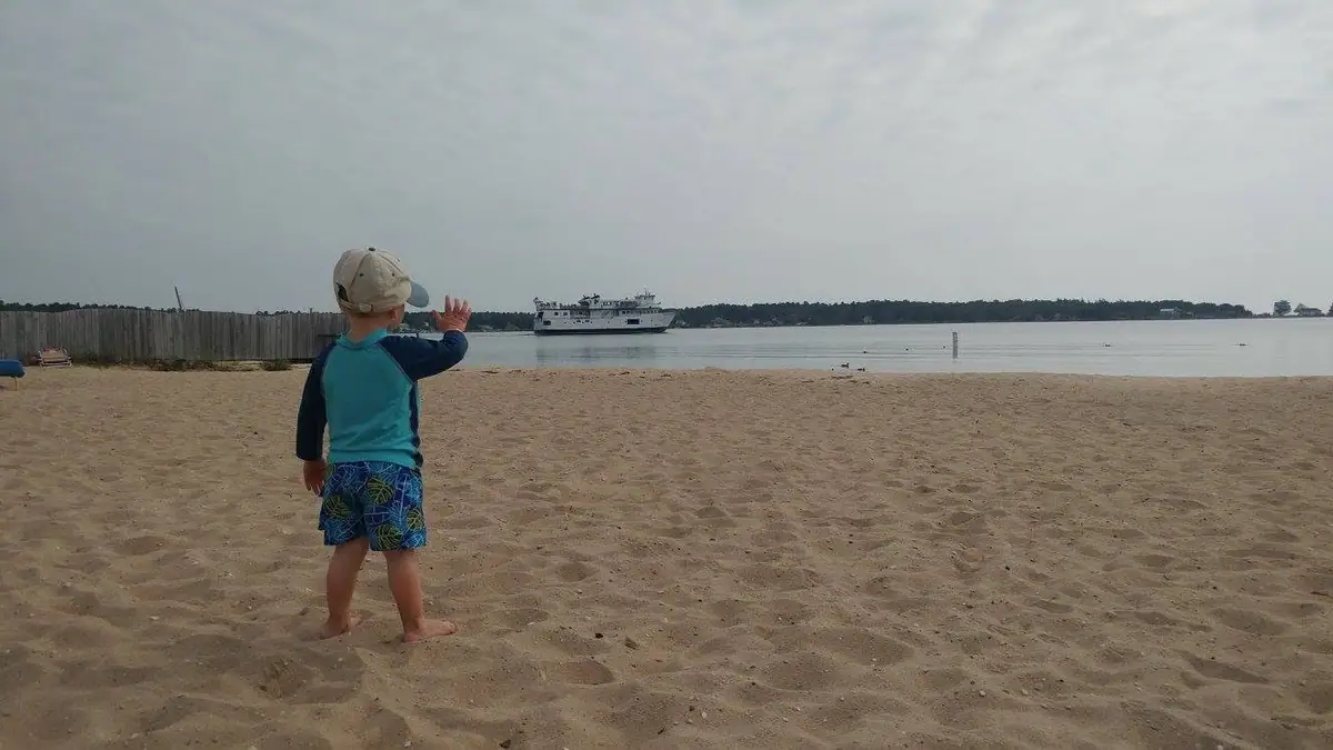 A child waves from a sandy beach toward a white ferry on calm water.