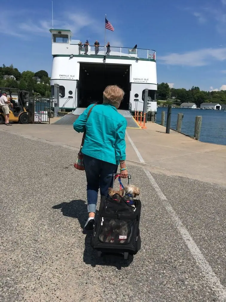 A woman pulls a pet carrier toward a ferry with its vehicle ramp open at a dock.