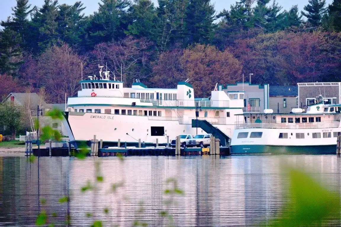 Two white passenger ferries are moored side by side at a pier, with trees behind them.