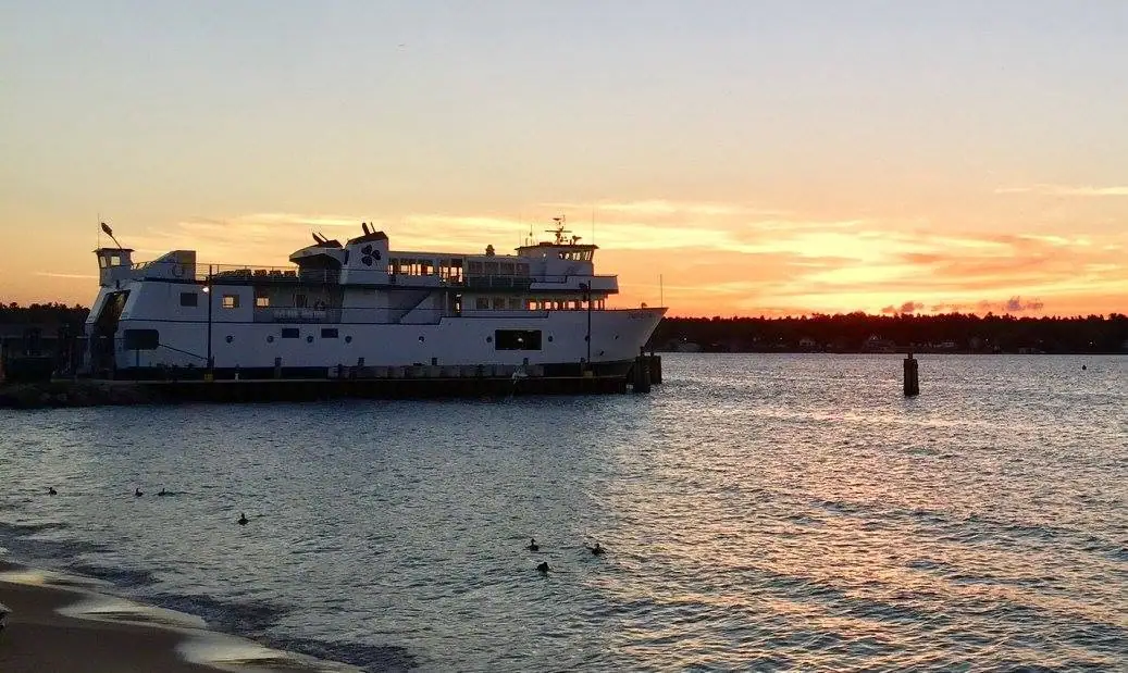 A white ferry is docked beside a pier at sunset, with several waterfowl in the foreground.
