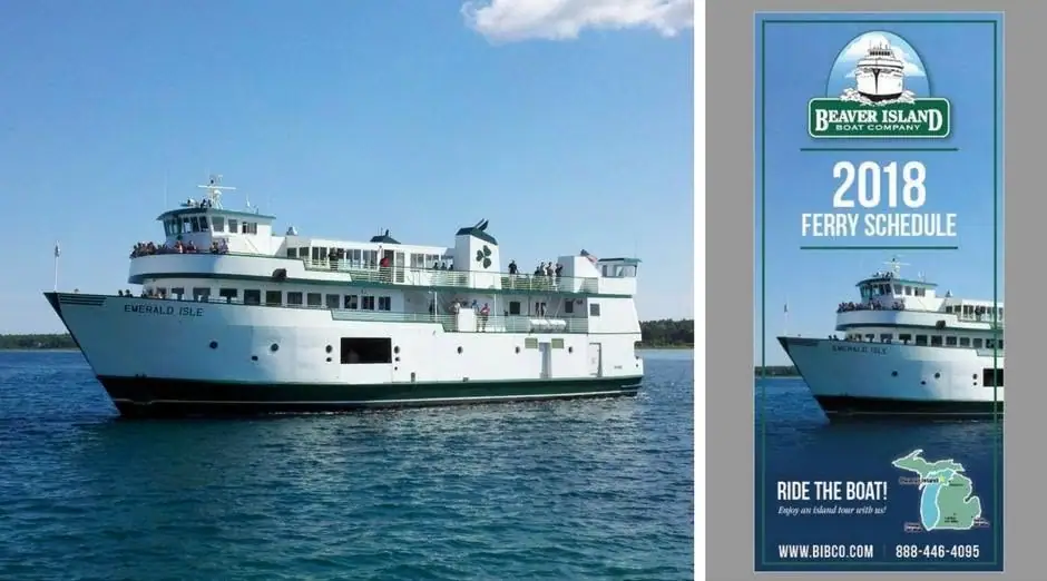 A white passenger ferry crosses blue water beside a vertical 2018 ferry schedule advertisement.