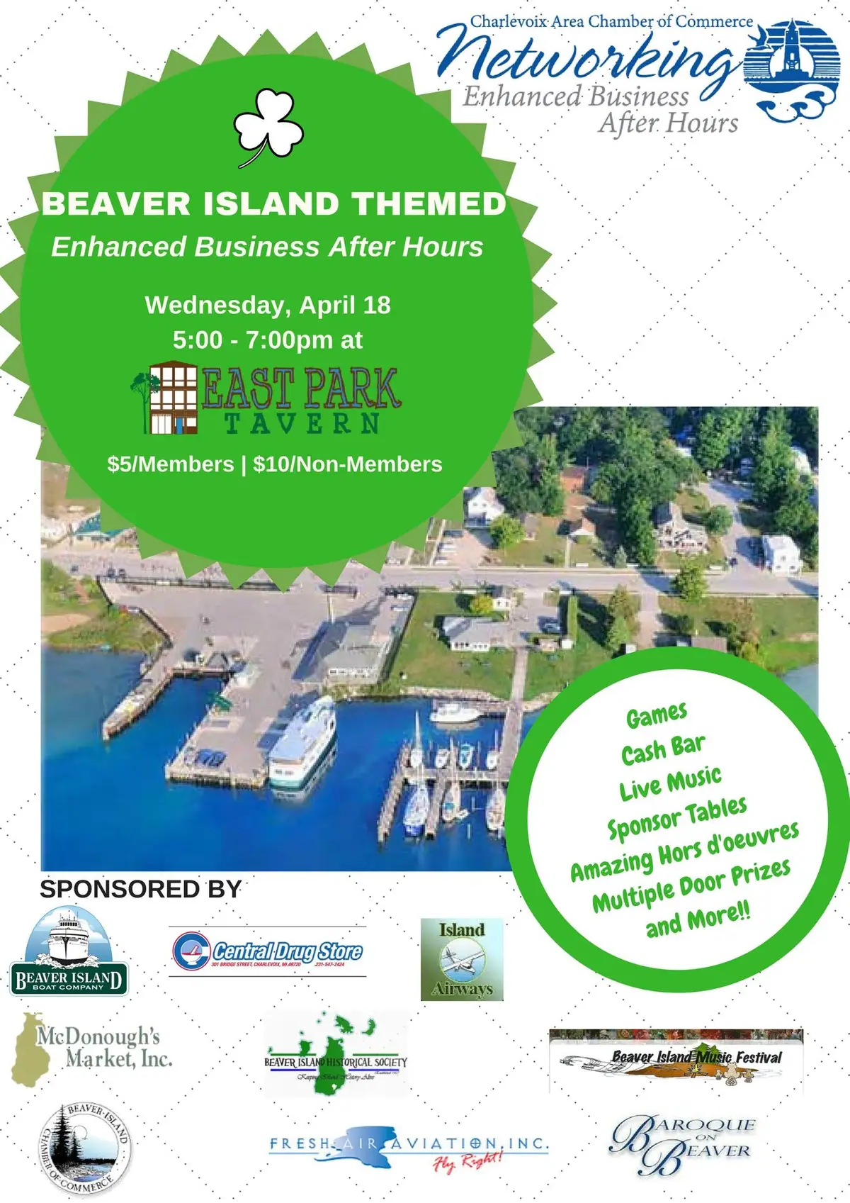 Promotional poster with a green shamrock design, event details, sponsor logos, and an aerial harbor photograph.