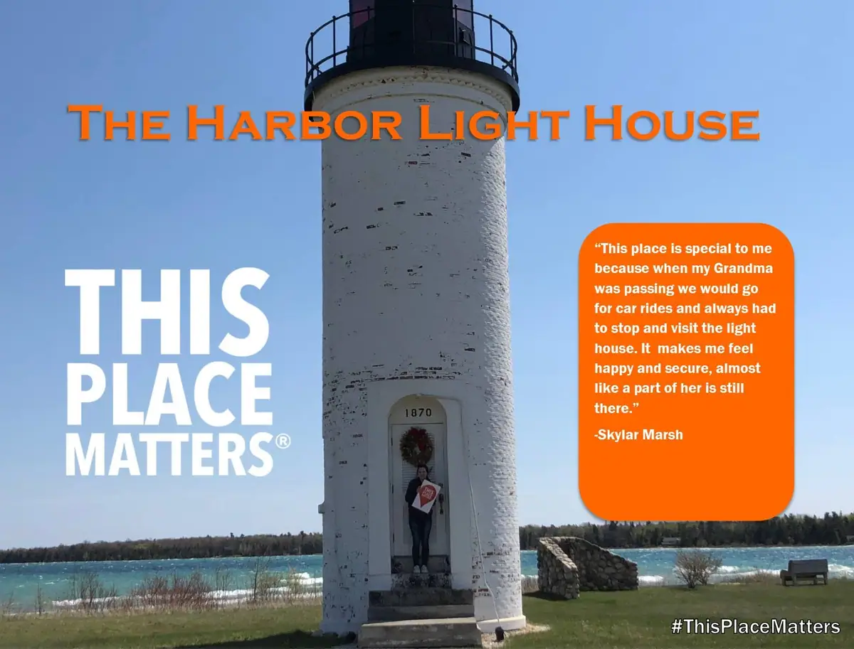 A white cylindrical lighthouse stands beside the water beneath an overlaid message about its personal significance.