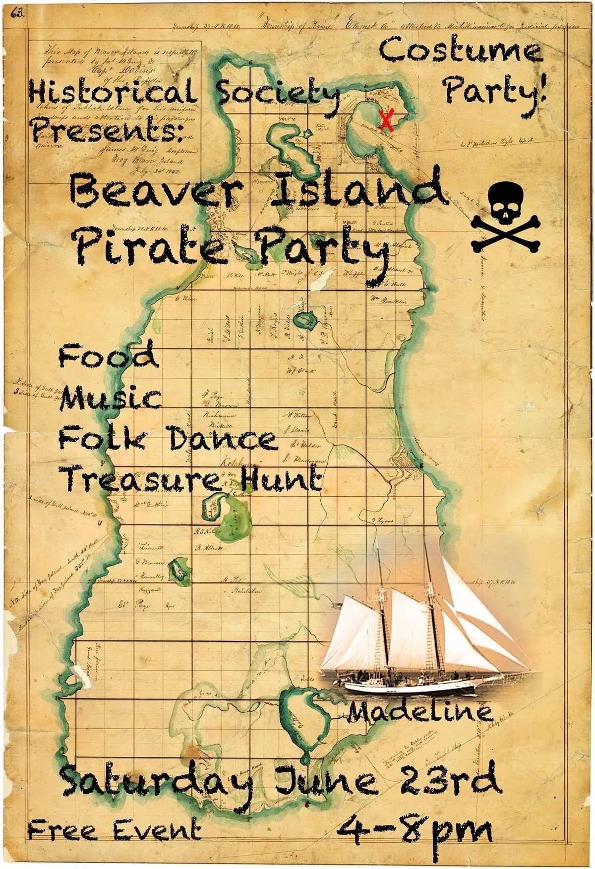 Promotional poster over an old map with pirate-party lettering, a skull-and-crossbones emblem, and a schooner illustration.
