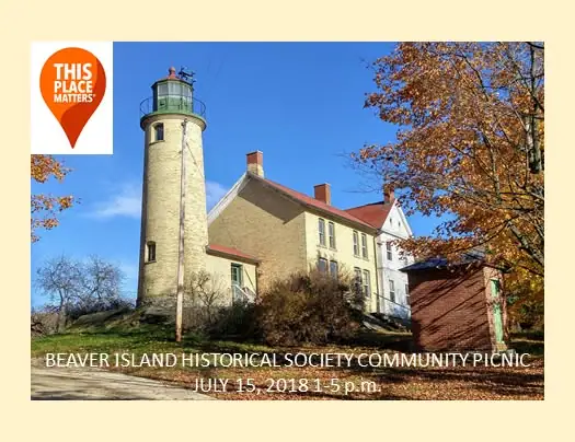 A stone lighthouse and adjoining building beneath autumn trees, with a “THIS PLACE MATTERS” logo and event text.