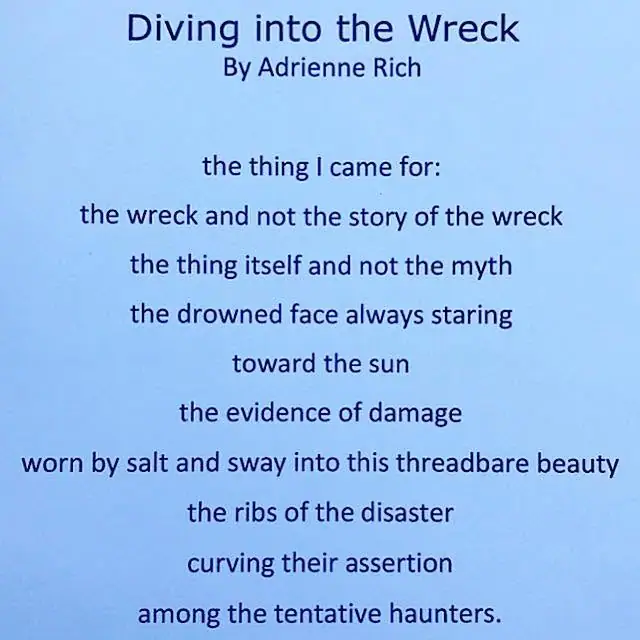 A blue graphic displays the poem “Diving into the Wreck” in centered dark text.
