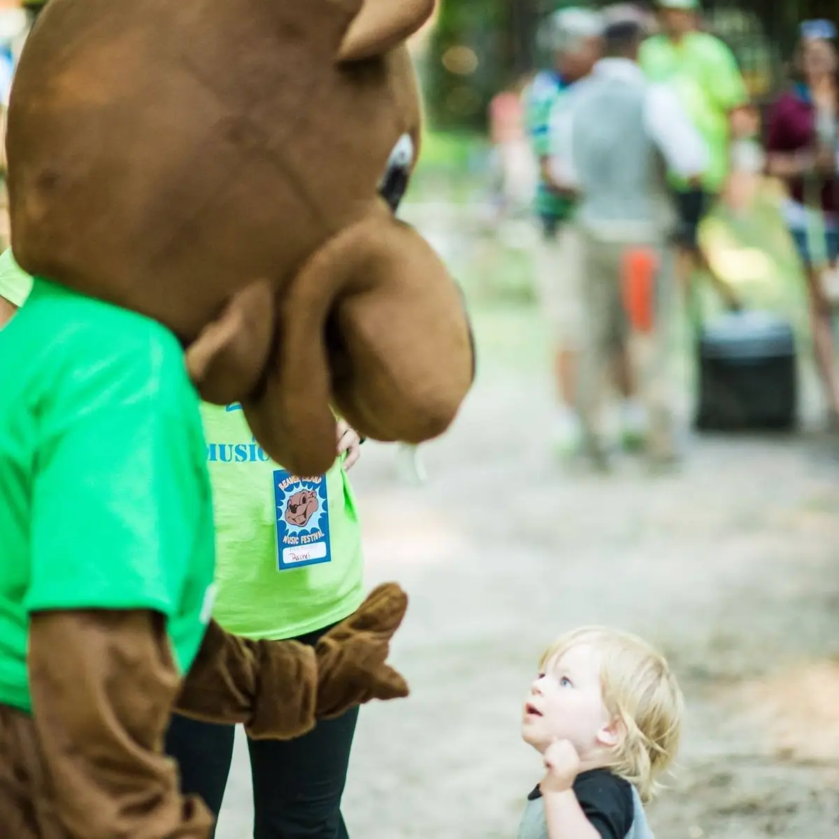 A brown bear mascot in a bright green shirt faces a small child at an outdoor festival.
