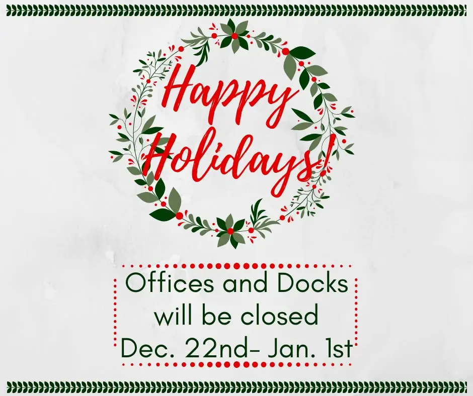 Holiday greeting graphic with a leafy wreath and a notice about office and dock closures.