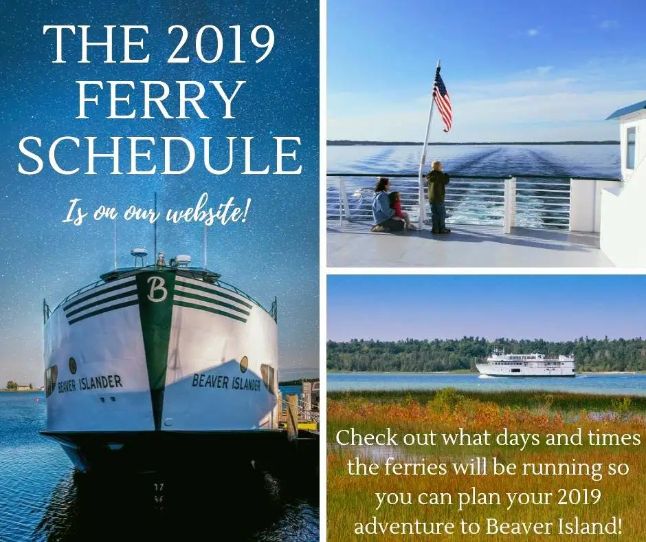 Promotional collage showing a passenger ferry, people on deck, and overlaid ferry schedule text.