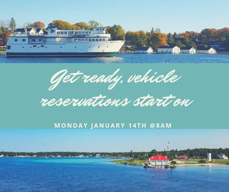 Promotional graphic showing a white ferry, waterfront buildings, autumn trees, and a vehicle-reservation announcement.