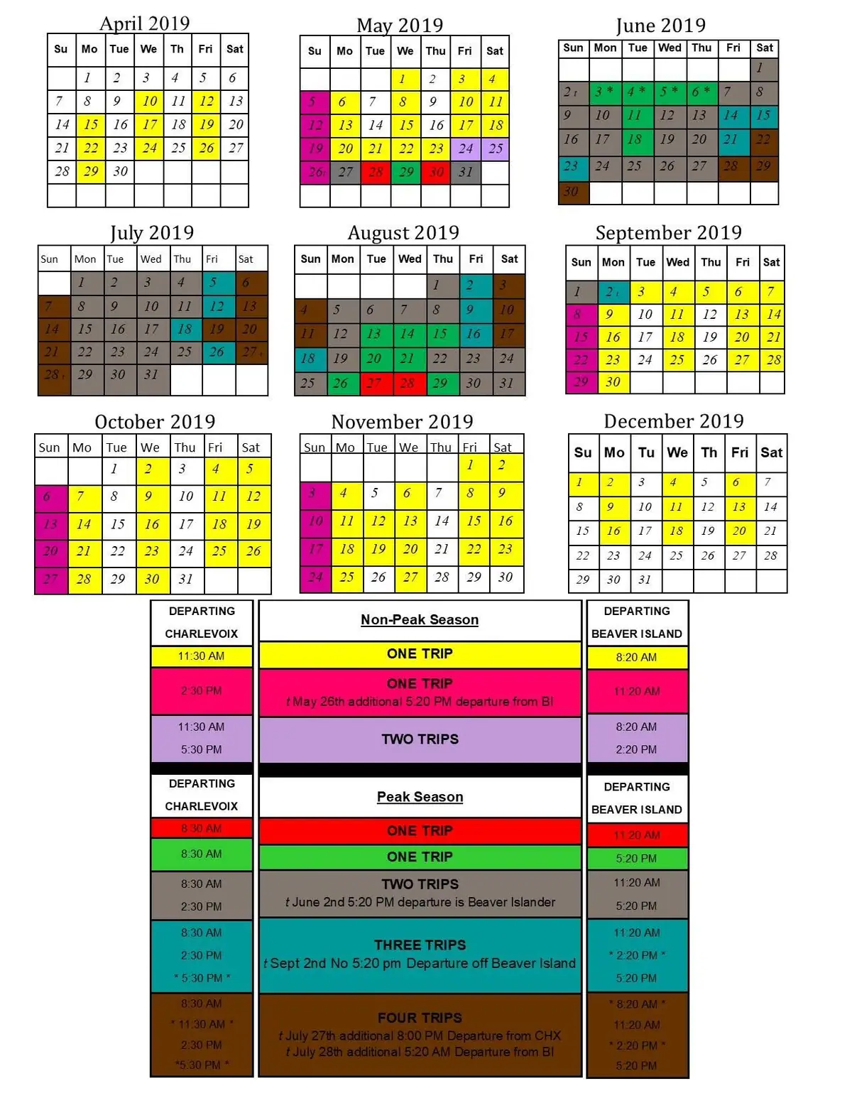 Color-coded ferry schedule chart with monthly calendars and departure times.