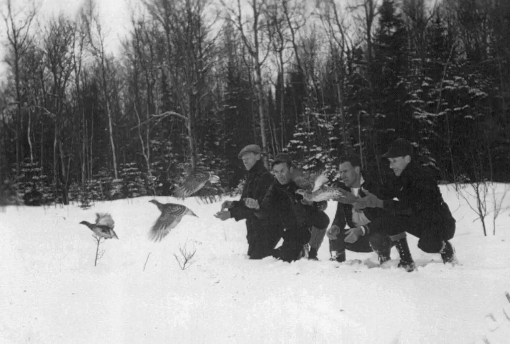 Four men crouch in deep snow as several birds fly across a snowy forest clearing.